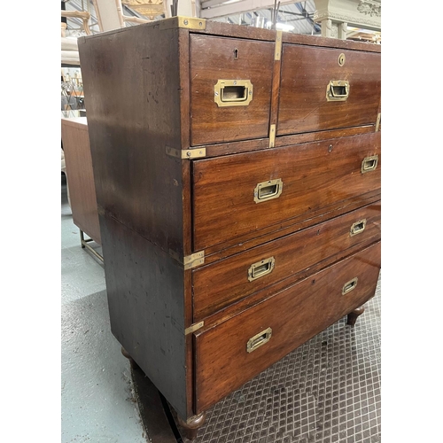 71 - CAMPAIGN CHEST, 99cm W X 110cm H x 48cm D 19th century mahogany and brass bound in two parts with si... 