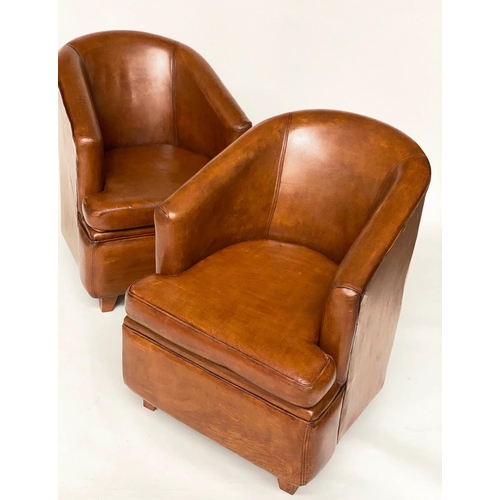 169 - TUB ARMCHAIRS, a pair, vintage French mid brown leather with raised bow backs and square tapering su... 