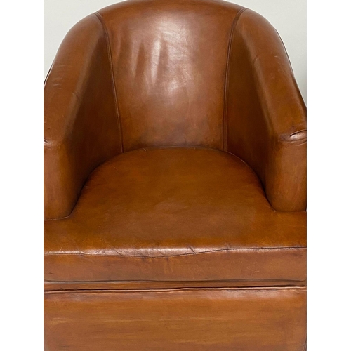 169 - TUB ARMCHAIRS, a pair, vintage French mid brown leather with raised bow backs and square tapering su... 