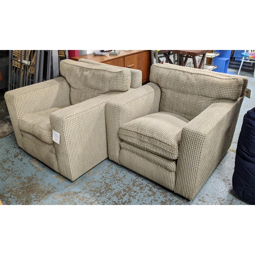 487 - ARMCHAIRS, a pair, 87cm W, umber checked fabric upholstered, on castors. (2)