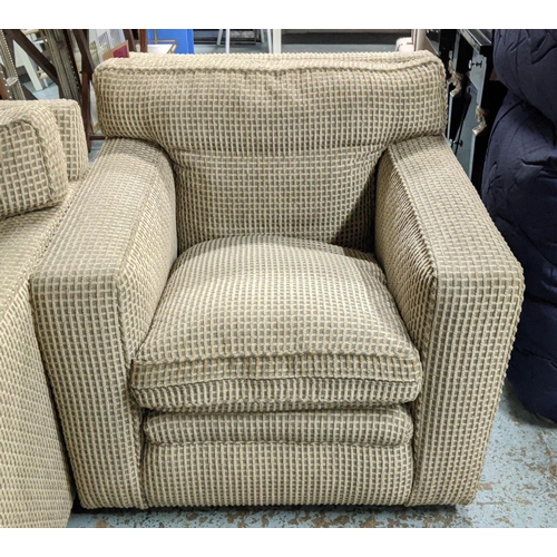 487 - ARMCHAIRS, a pair, 87cm W, umber checked fabric upholstered, on castors. (2)