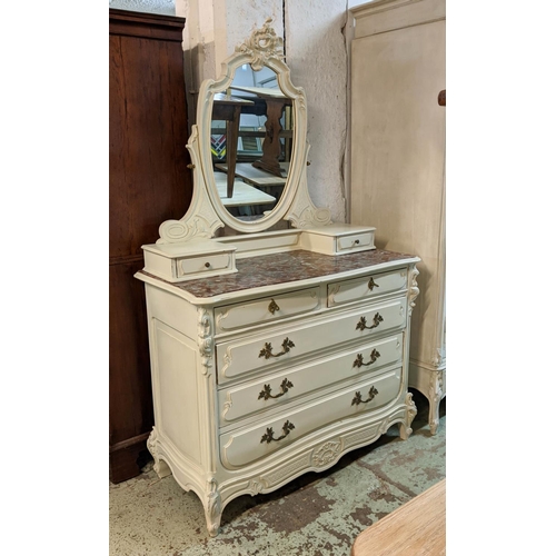 195 - DRESSING CHEST, 120cm x 59cm x 203cm H, circa 1890, cream painted, French with a marble top, mirror ... 