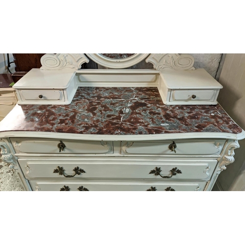 195 - DRESSING CHEST, 120cm x 59cm x 203cm H, circa 1890, cream painted, French with a marble top, mirror ... 