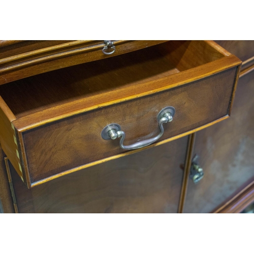 232 - COCKTAIL CABINET, 153cm H x 76cm W x 46cm D, Georgian style walnut and maple with four doors, two dr... 