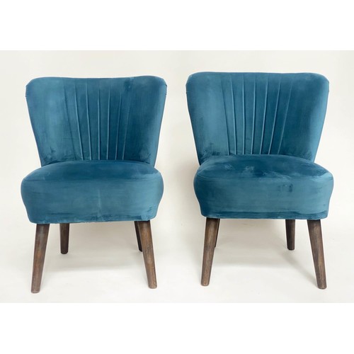 396 - COCKTAIL CHAIRS, a pair, 78cm H, 1950s Italian style ocean blue plush velvet with ribbed backs and t... 