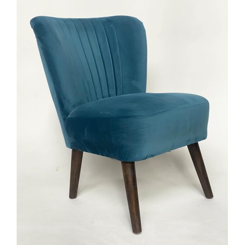 396 - COCKTAIL CHAIRS, a pair, 78cm H, 1950s Italian style ocean blue plush velvet with ribbed backs and t... 