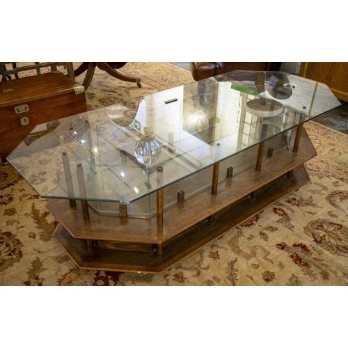 168 - MUSEUM DISPLAY CASE, 53cm H x 175cm x 75cm, vintage oak, glass and brass with canted corners, single... 