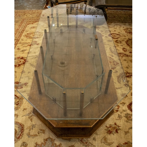 168 - MUSEUM DISPLAY CASE, 53cm H x 175cm x 75cm, vintage oak, glass and brass with canted corners, single... 