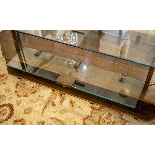 168 - MUSEUM DISPLAY CASE, 53cm H x 175cm x 75cm, vintage oak, glass and brass with canted corners, single... 