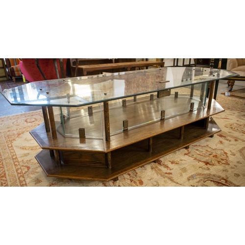 168 - MUSEUM DISPLAY CASE, 53cm H x 175cm x 75cm, vintage oak, glass and brass with canted corners, single... 