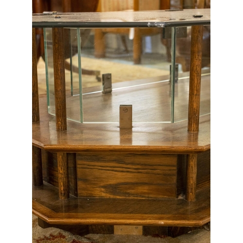 168 - MUSEUM DISPLAY CASE, 53cm H x 175cm x 75cm, vintage oak, glass and brass with canted corners, single... 