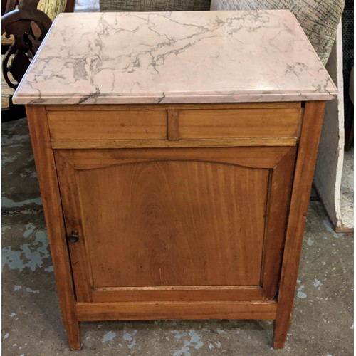 157 - SIDE CABINET, 63cm x 76cm H x 57cm circa 1900 satinwood with a square marble top above a panelled do... 