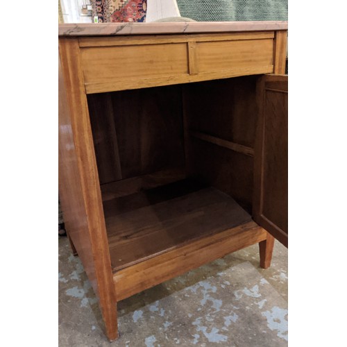 157 - SIDE CABINET, 63cm x 76cm H x 57cm circa 1900 satinwood with a square marble top above a panelled do... 