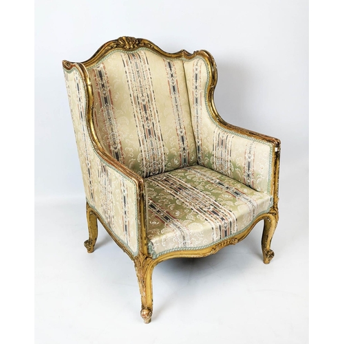 214 - BERGERE A OREILLE, 100cm H x 70cm W, circa 1890, French giltwood in striped and floral upholstery.