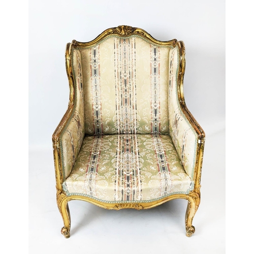 214 - BERGERE A OREILLE, 100cm H x 70cm W, circa 1890, French giltwood in striped and floral upholstery.