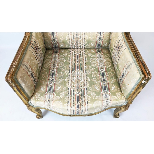 214 - BERGERE A OREILLE, 100cm H x 70cm W, circa 1890, French giltwood in striped and floral upholstery.