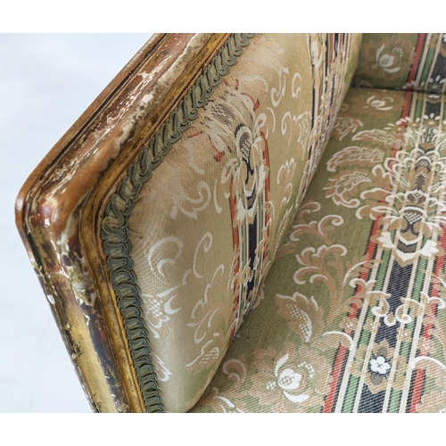 214 - BERGERE A OREILLE, 100cm H x 70cm W, circa 1890, French giltwood in striped and floral upholstery.