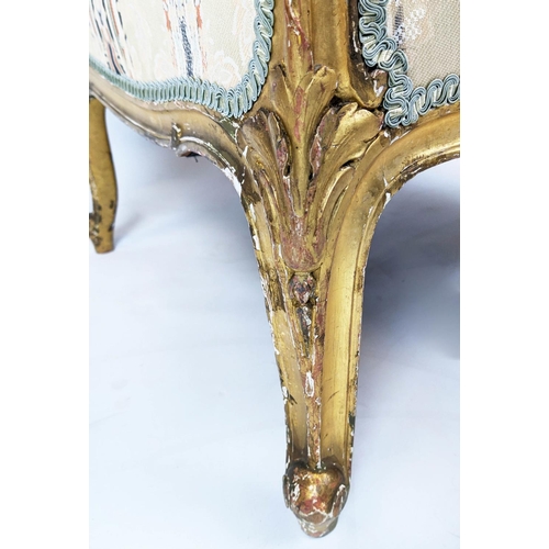 214 - BERGERE A OREILLE, 100cm H x 70cm W, circa 1890, French giltwood in striped and floral upholstery.