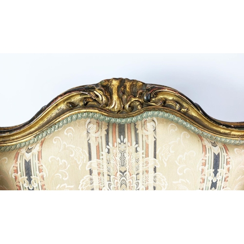 214 - BERGERE A OREILLE, 100cm H x 70cm W, circa 1890, French giltwood in striped and floral upholstery.