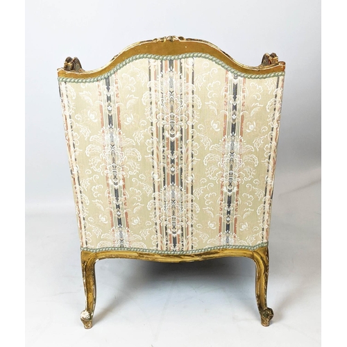 214 - BERGERE A OREILLE, 100cm H x 70cm W, circa 1890, French giltwood in striped and floral upholstery.