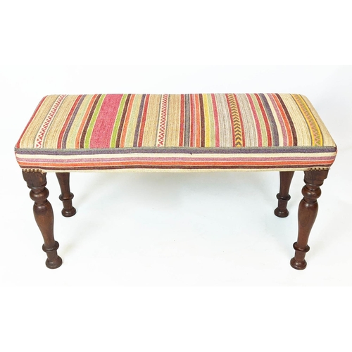 218 - STOOL, 44cm H x 82cm W x 33cm D, teak with multicoloured striped upholstery.