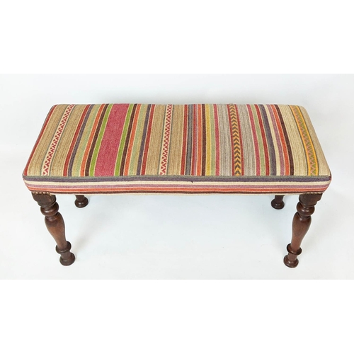 218 - STOOL, 44cm H x 82cm W x 33cm D, teak with multicoloured striped upholstery.