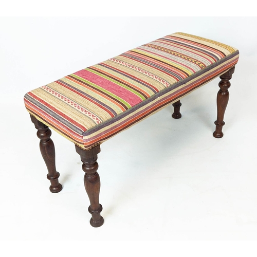 218 - STOOL, 44cm H x 82cm W x 33cm D, teak with multicoloured striped upholstery.