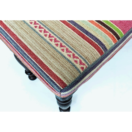 218 - STOOL, 44cm H x 82cm W x 33cm D, teak with multicoloured striped upholstery.