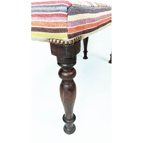 218 - STOOL, 44cm H x 82cm W x 33cm D, teak with multicoloured striped upholstery.