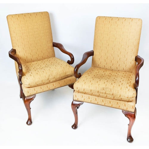 219 - ARMCHAIRS, 100cm H x 61cm W, a pair, Georgian style in patterned brown upholstery. (2)