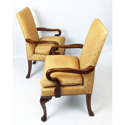 219 - ARMCHAIRS, 100cm H x 61cm W, a pair, Georgian style in patterned brown upholstery. (2)