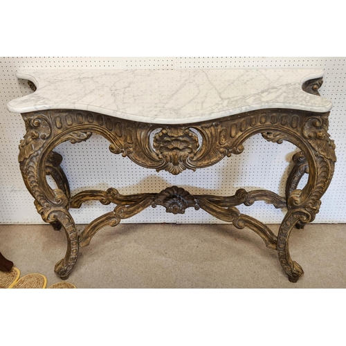 225 - CONSOLE TABLE, Rococo style, giltwood finish, white marble top, 87cm H x 130cm W x 49cm D.