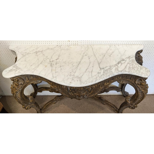 225 - CONSOLE TABLE, Rococo style, giltwood finish, white marble top, 87cm H x 130cm W x 49cm D.