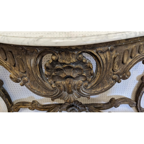 225 - CONSOLE TABLE, Rococo style, giltwood finish, white marble top, 87cm H x 130cm W x 49cm D.