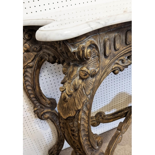 225 - CONSOLE TABLE, Rococo style, giltwood finish, white marble top, 87cm H x 130cm W x 49cm D.