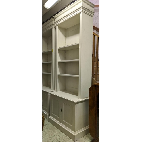 469 - TALL OPEN BOOKCASE, 109cm W x 280cm H x 53cm D painted enclosing shelves above and with two panelled... 