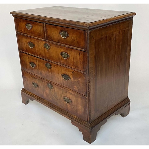 115 - CHEST, early 18th century English Queen Anne figured walnut and crossbanded with two short and three... 