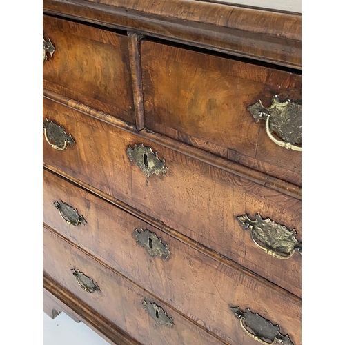 115 - CHEST, early 18th century English Queen Anne figured walnut and crossbanded with two short and three... 