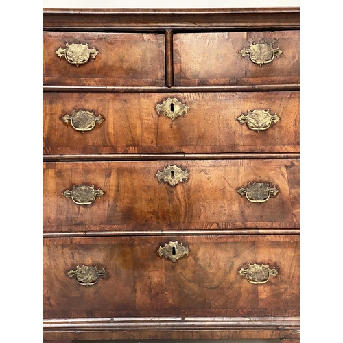 115 - CHEST, early 18th century English Queen Anne figured walnut and crossbanded with two short and three... 