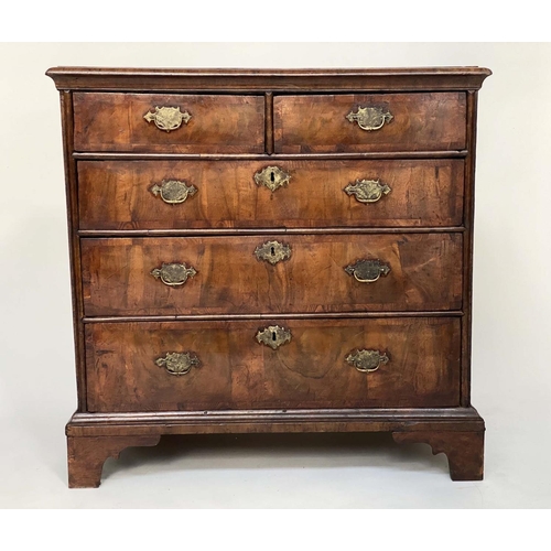 115 - CHEST, early 18th century English Queen Anne figured walnut and crossbanded with two short and three... 