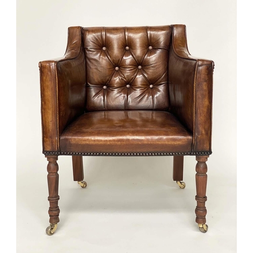 123 - LIBRARY ARMCHAIR, Georgian designed studded deep buttoned leather upholstered with turned supports, ... 