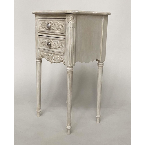 128 - TABLES DE NUIT, a pair, early 20th century Louis XVI style carved and grey painted each wih two draw... 