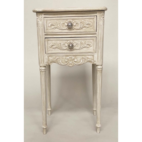 128 - TABLES DE NUIT, a pair, early 20th century Louis XVI style carved and grey painted each wih two draw... 