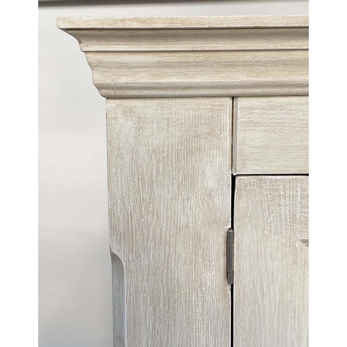 130 - ARMOIRE, French traditionally grey painted with two panelled doors enclosing hanging space above a f... 