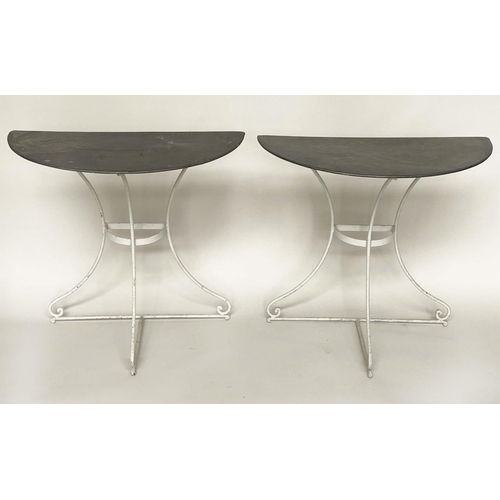 131 - CONSOLE TABLES, a pair, semi circular painted with wrought iron supports, 79cm W x 38cm D x 77cm H. ... 