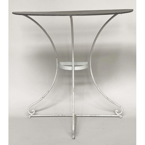 131 - CONSOLE TABLES, a pair, semi circular painted with wrought iron supports, 79cm W x 38cm D x 77cm H. ... 