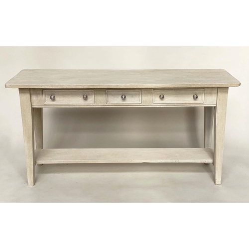 132 - SIDE TABLE, traditionally grey painted with three frieze drawers and undertier, 153cm W x 47cm x 77c... 