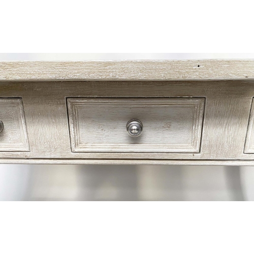 132 - SIDE TABLE, traditionally grey painted with three frieze drawers and undertier, 153cm W x 47cm x 77c... 