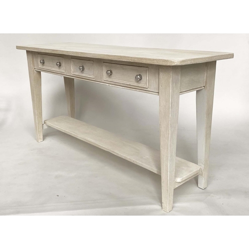 132 - SIDE TABLE, traditionally grey painted with three frieze drawers and undertier, 153cm W x 47cm x 77c... 