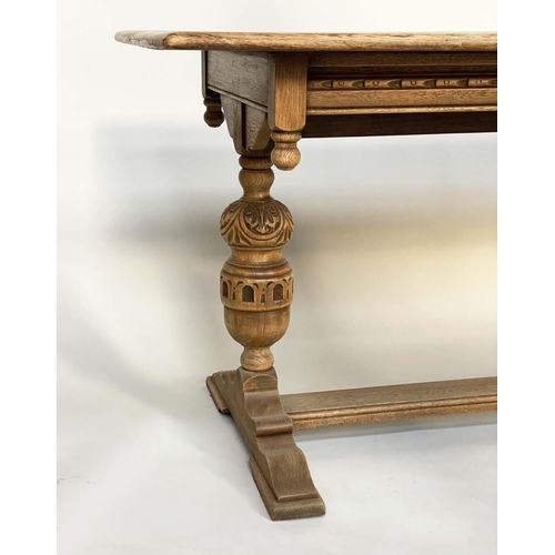 138 - REFECTORY TABLE, 17th century style oak with rectangular planked top, carved twin pillars and flat s... 